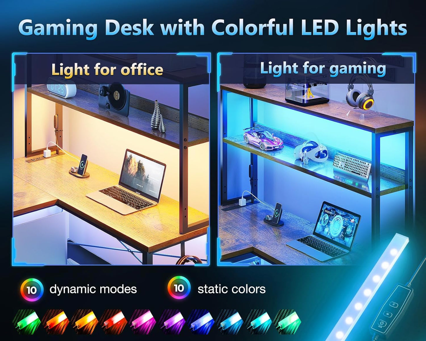 Casaottima Gaming Desk with Power Outlets & LED Lights, 43 Inch Reversible L Shaped Computer Desk with Shelves & Storage Bag, Corner Desk for Home Office, Vintage