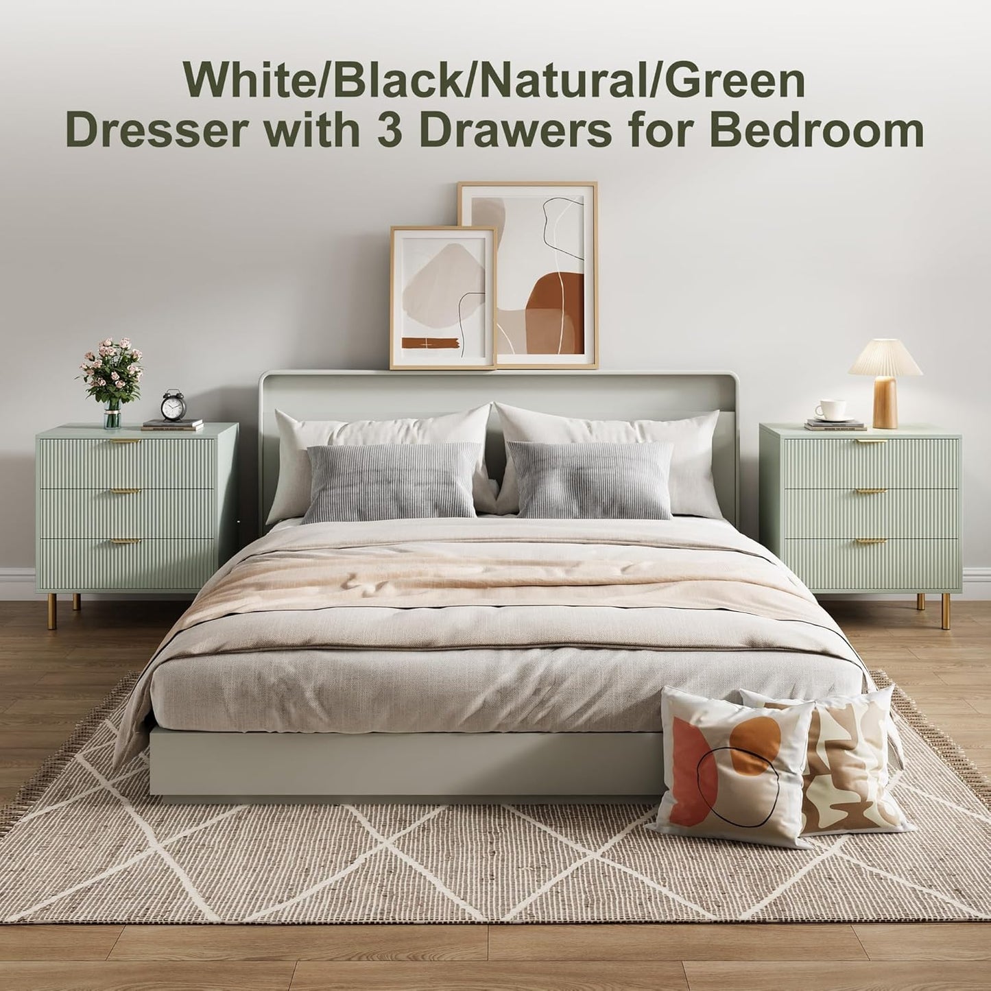 Green Dresser, Modern 3 Drawer Dresser for Bedroom with Gold Handle and Large Drawer, Wood Double Chest of Drawers and Storage Organizer for Living Room, Hallway, Entryway