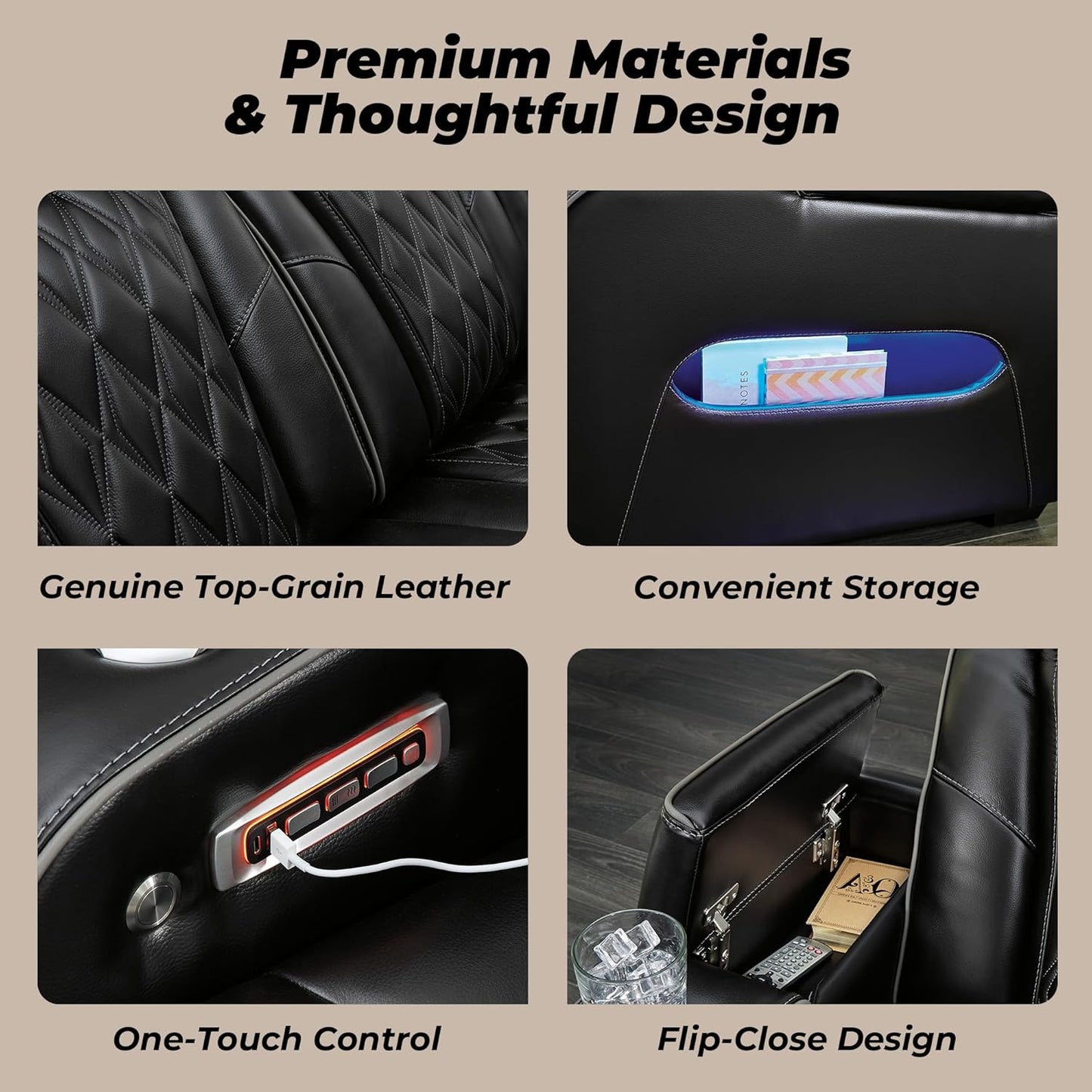 Signature Design by Ashley Boyington Modern Leather Match Power Reclining Loveseat with Console, Adjustable Headrest, Massage, Heated Seat and LED Lights, Black