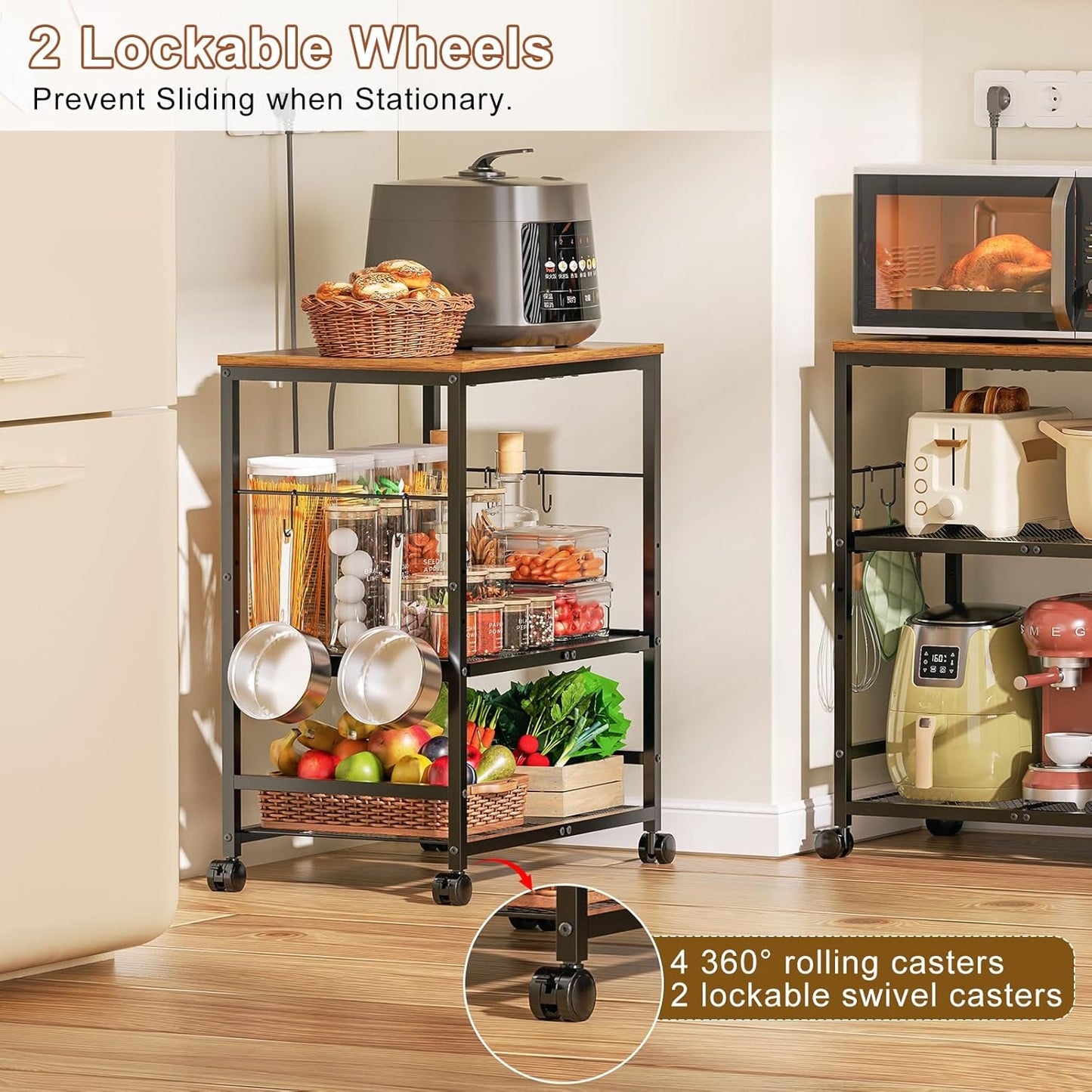 Microwave Cart with Adjustable Drawer Slider Shelves, 3 Tier Rolling Kitchen Microwave Stand with Storage, Small Kitchen Utility Cart on Lockable Wheels, Coffee Cart with Hooks