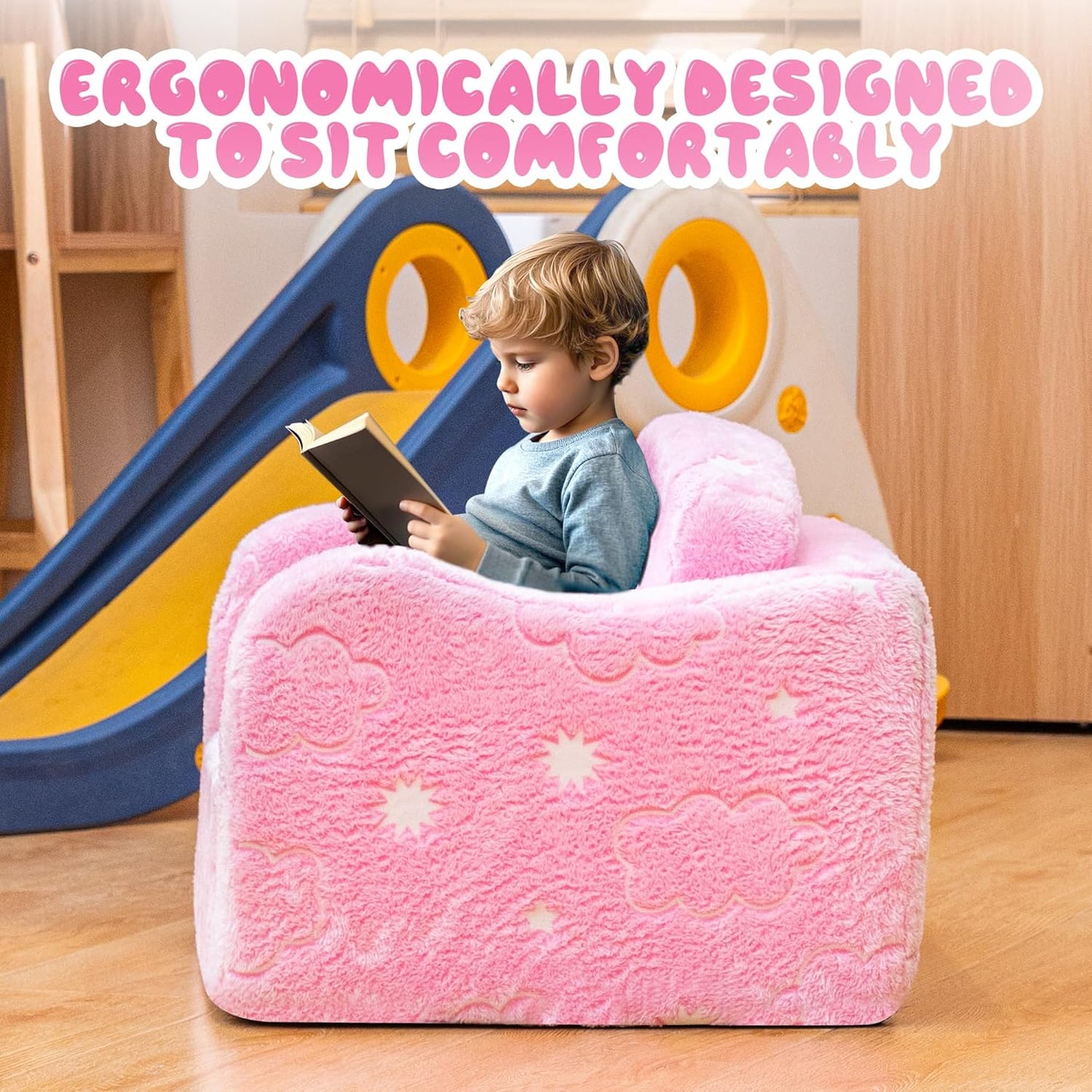 Lamerge 2-in-1 Toddler Couch,Glow in The Dark Baby Floor Bed,Foldable Toddler Chair Kids Sofa for playroom,Convertible Sofa to Lounger for Girls and Boys (Pink and Clouds)