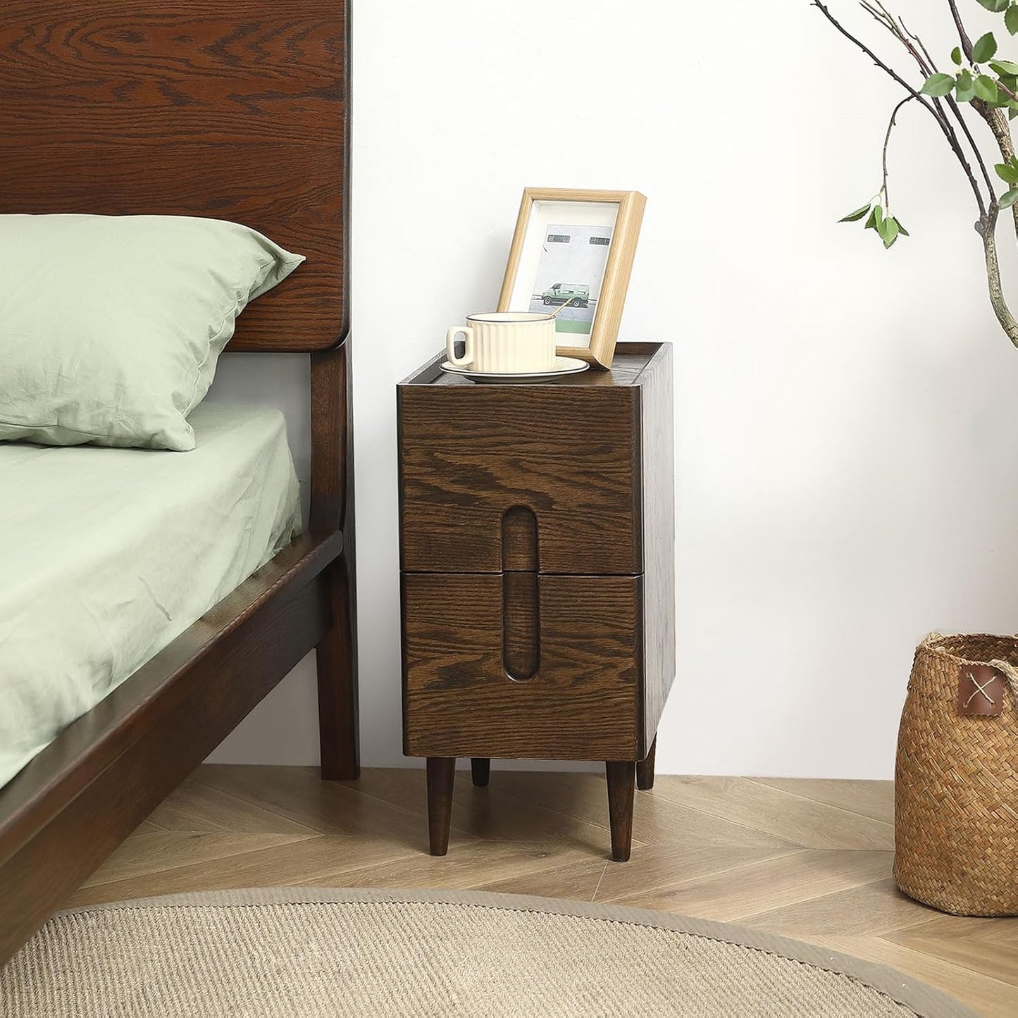 Solid Wood Bedside Table Nightstands, Slim Narrow Oak Real Wooden Mid-Century Modern End Table with Drawers Luxury Side Table Durable Cabinet Organizer Furniture, Walnut Color 9.84in Wide