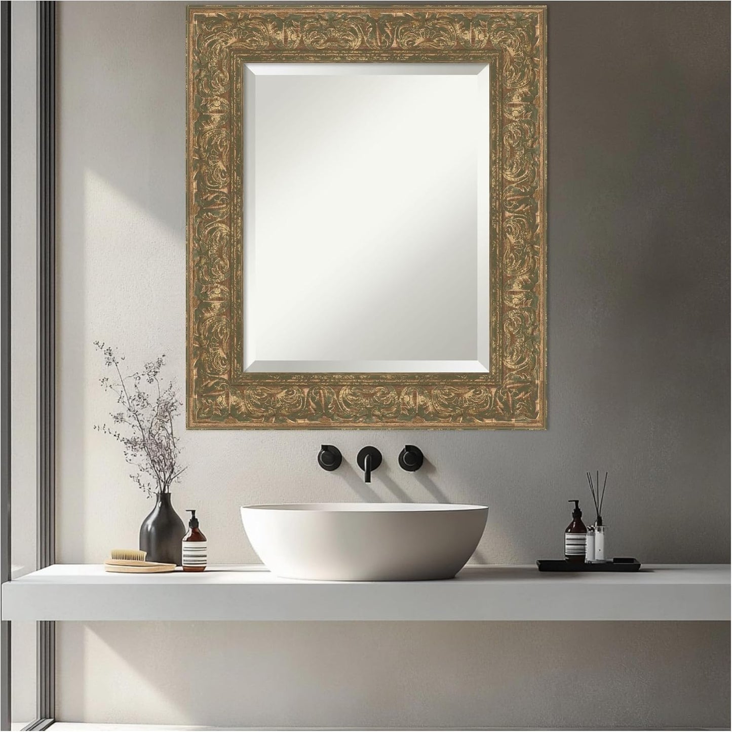 Amanti Art Bronze Bathroom Mirror for Over Sink, 27x23 Luxe Bronze Gold Rectangle Vanity Mirror, Small Traditional Frame, Hangs Horizonally and Vertically, Bathroom Wall Decor, Beveled Edge