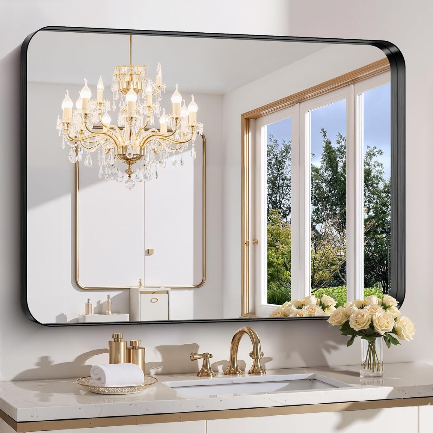 FORBATH 48x36 Inch Bathroom Mirror, Brushed Black Deep Frame Wall Mirror with Rounded Corners, Anti-Rust Tempered Glass for Modern Farmhouse Vanity (Horizontal/Vertical)