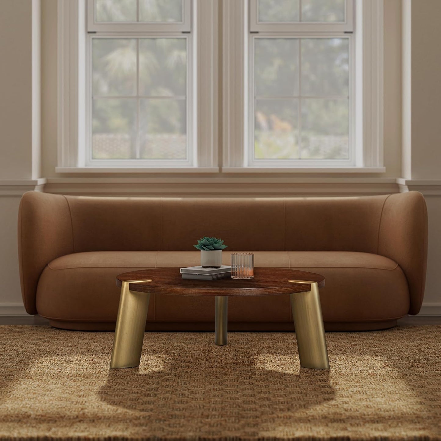 NTC 40 Inch Tribase Boho Wooden Round Coffee Table for Living & Dining Rooms – Waterproof & Heat Resistant, Dark Walnut