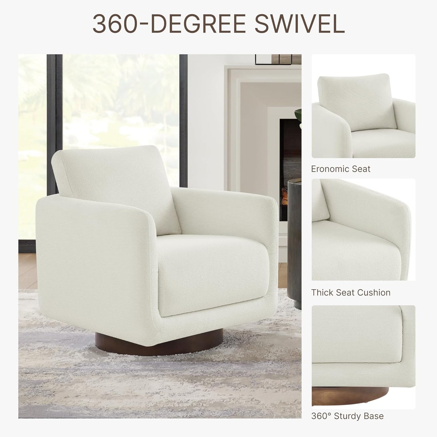 Modern Swivel Accent Chair, 360° Rotating Round Barrel Armchair with Performance Fabric Upholstery for Living Room, Bedroom, Office, Reading Nook, Set of 2,Cream