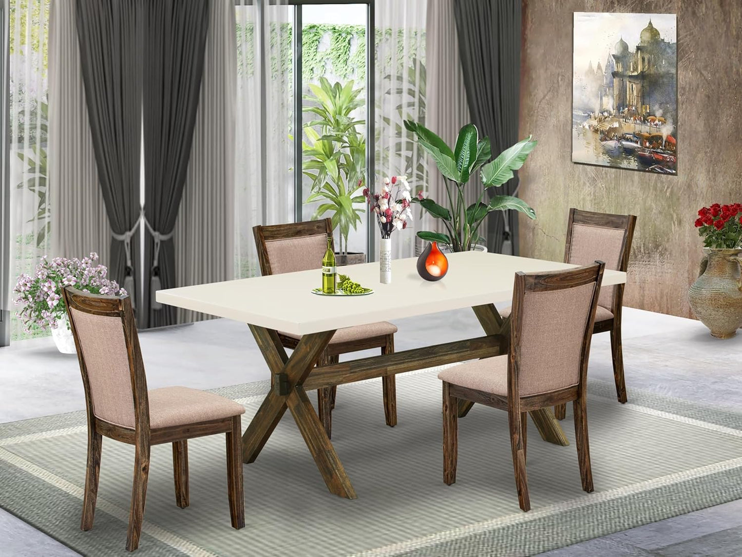 East West Furniture X727MZ716-5 5 Piece Modern Dining Table Set Includes a Rectangle Wooden Table with X-Legs and 4 Dark Khaki Linen Fabric Parson Dining Chairs, 40x72 Inch, Multi-Color
