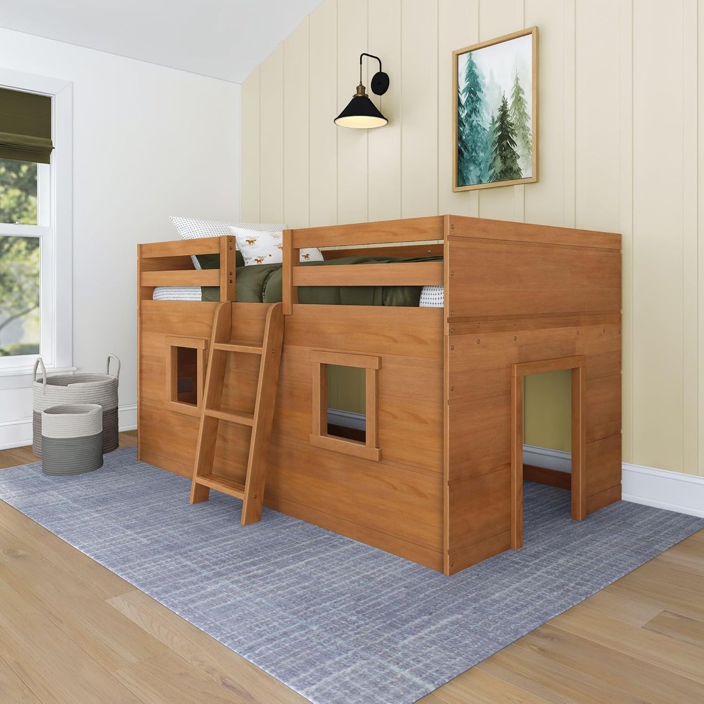 Max & Lily Modern Farmhouse Twin Low Loft Bed with Two Windows - Solid Wood, 15” Guardrails, 400-lb Capacity, Low-VOC Finish, Farmhouse Pecan