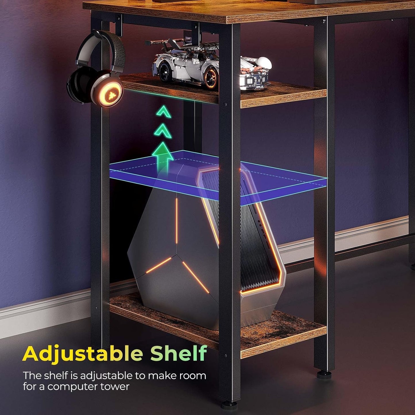 Rolanstar L Shaped Gaming Desk with LED Lights & Power Outlets, 46.2" Computer Desk with Full Monitor Stand & Storage Shelf, Corner Desk with Hooks, Rustic Brown Desk Reversible