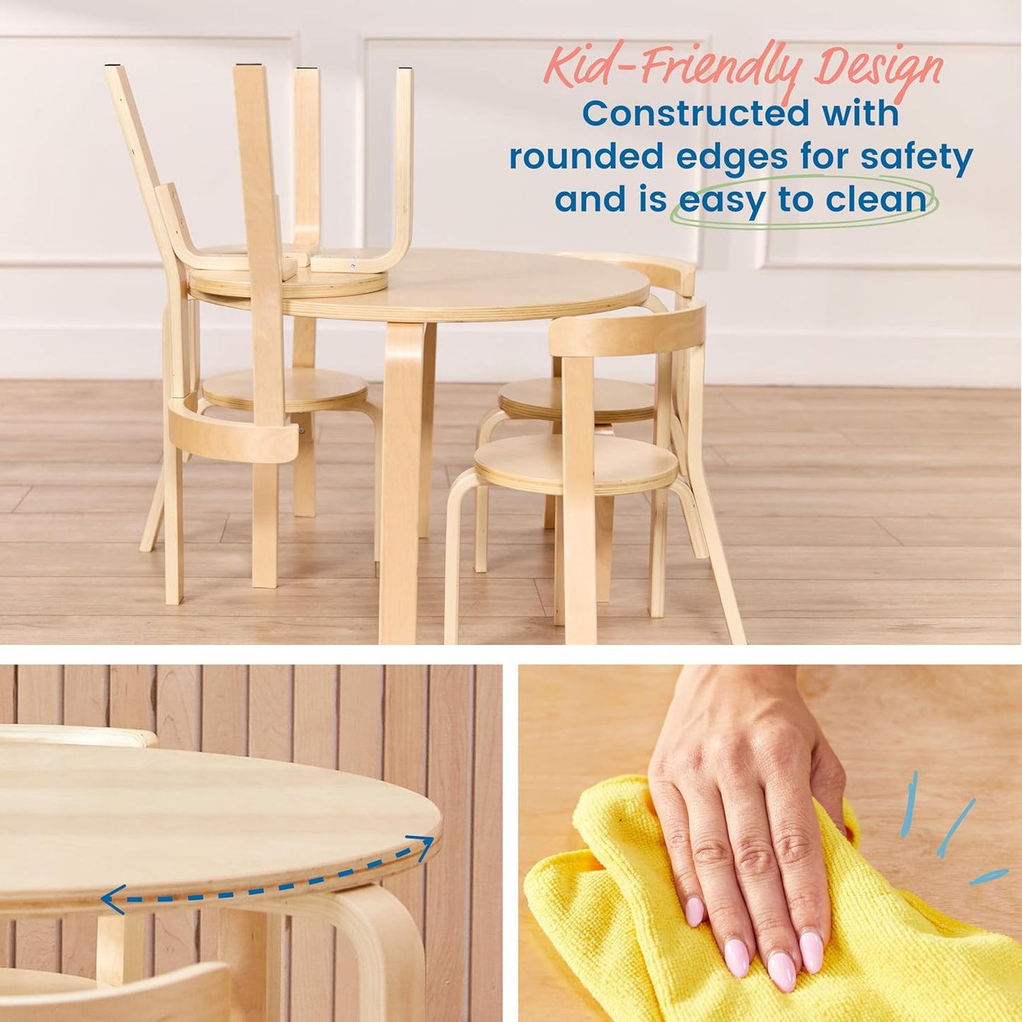 ECR4Kids Bentwood Table and Curved Back Chair Set, Kids Furniture, Natural, 5-Piece