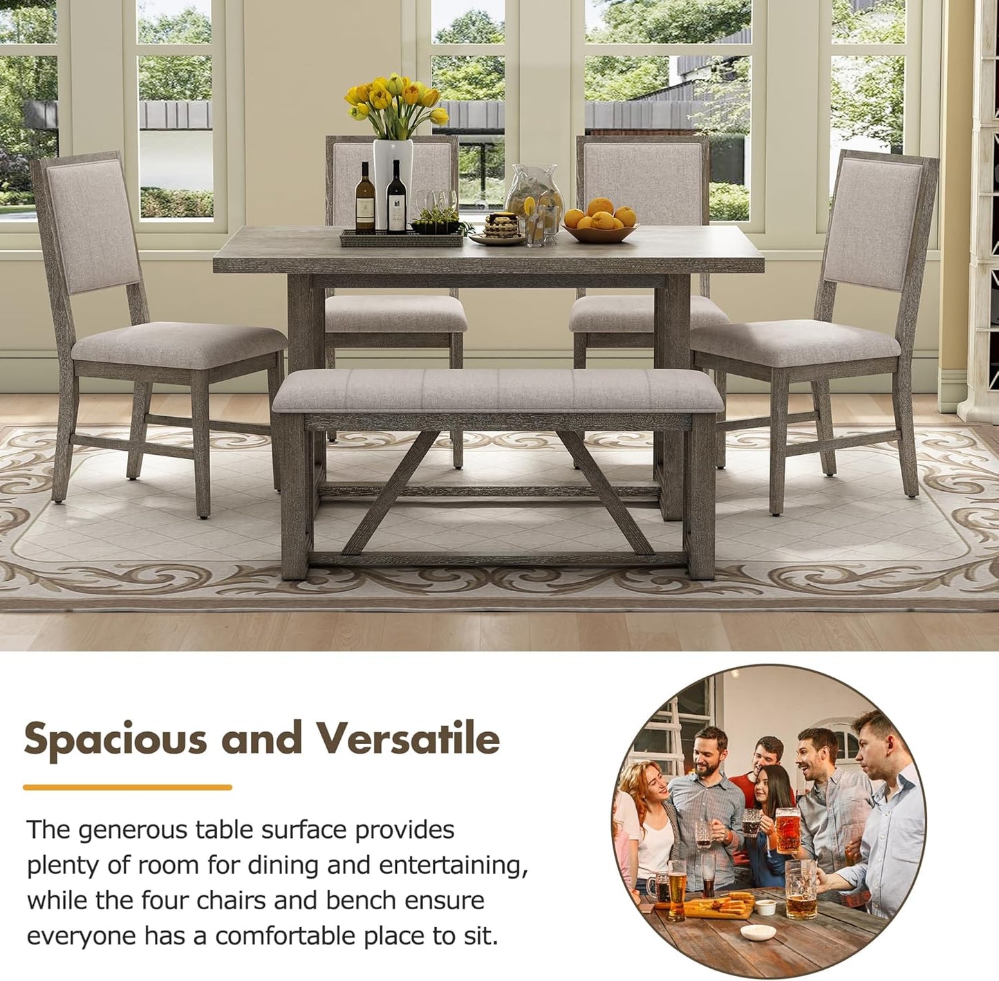 Merax Farmhouse Wooden Dining Set of 6, 59.6 inch Kitchen Table with Trestle Base, 4 Upholstered Chairs and 1 Bench, Easy Assemble Gray