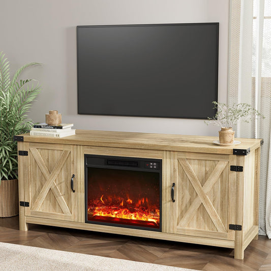 YESHOMY Fireplace TV Stand with Two Barn Doors and Storage Cabinets for Televisions up to 65+ Inch, Entertainment Center Console Table, Media Furniture for Living Room, 58 Inch, Natural Oak