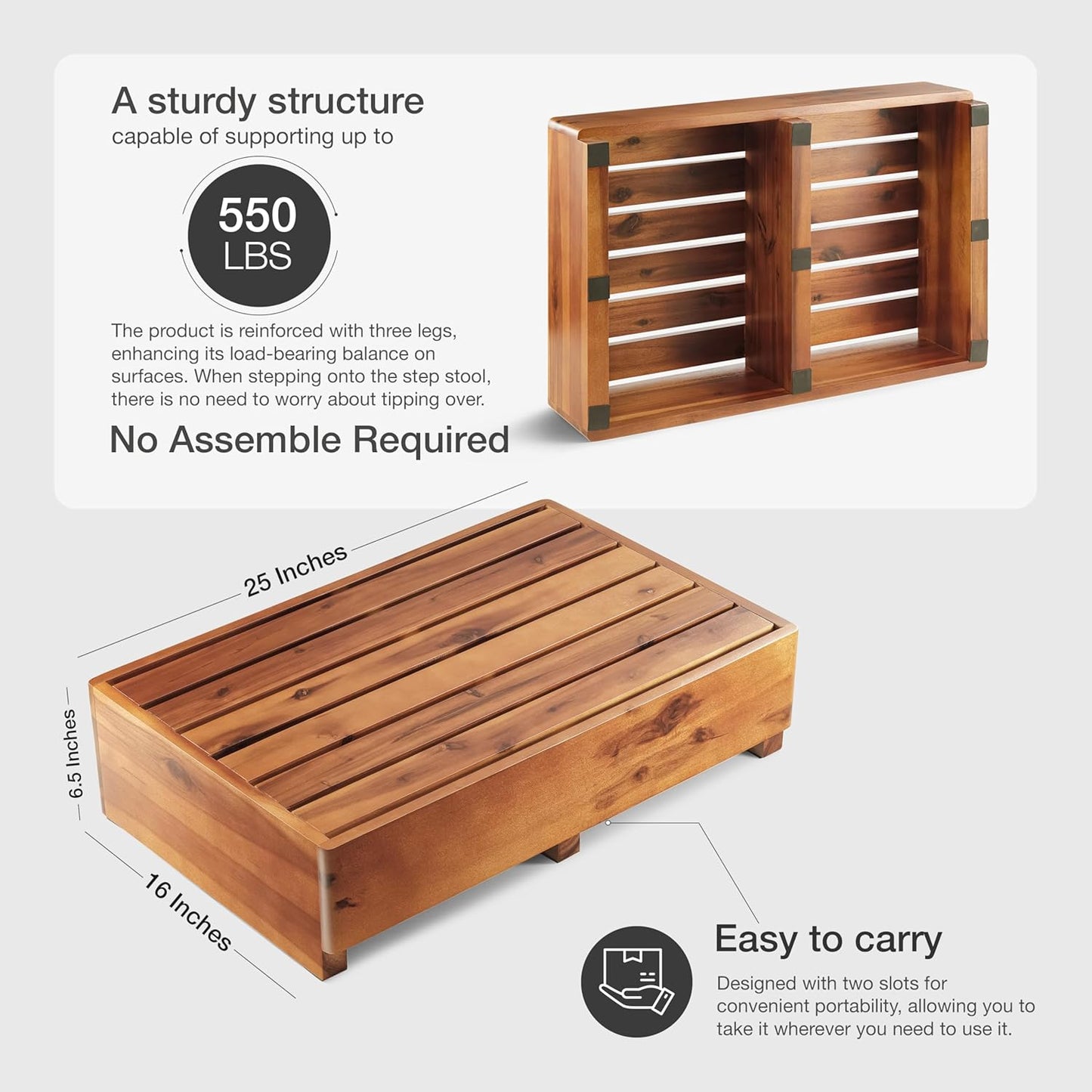 TINAMO 6.5" One Step Stool for Elderly, Acacia Wood High Riser Step Stool for Bed - 550 Lbs Wooden Mobility Stepping Stools for Adults, Kids/Bedside, Bathroom, Kitchen, Garden (Acacia, 6.5" Height)