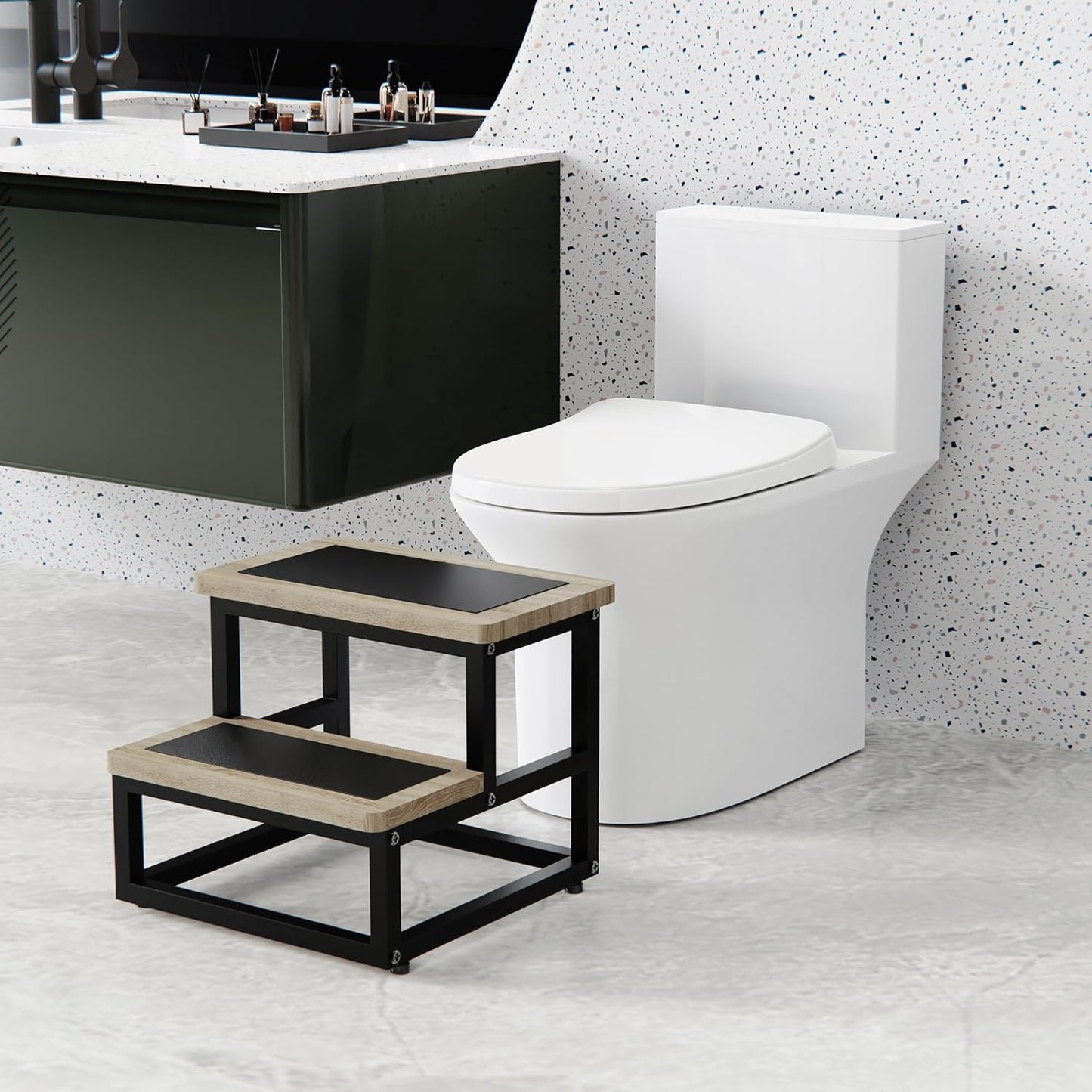 Step Stool, Wood and Metal Step for Adults Kids, Bedside Stepping Stool for High Bed with Round Corners, 2 Steps Foot Stool for Kitchen Bedroom, Load 500 LB, Beige