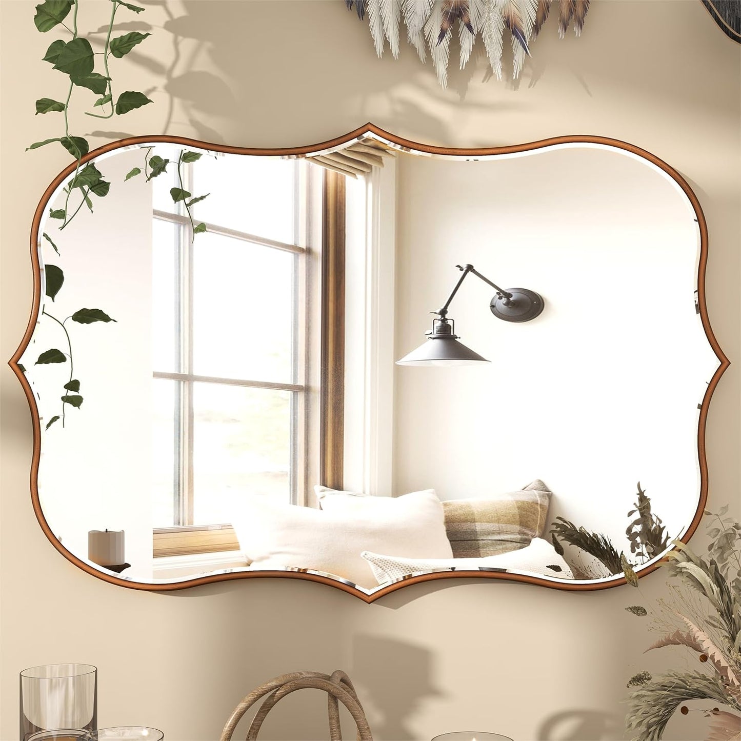 SHYFOY Antique Gold Mirrors for Wall Decor Decorative Wall Mirror Large 25" L x 36" W, Asymmetrical Wavy Accent Mirror with Scalloped Wood Frame, Bronze Farmhouse Traditional Mirror