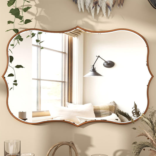 SHYFOY Antique Gold Mirrors for Wall Decor Decorative Wall Mirror Large 25" L x 36" W, Asymmetrical Wavy Accent Mirror with Scalloped Wood Frame, Bronze Farmhouse Traditional Mirror