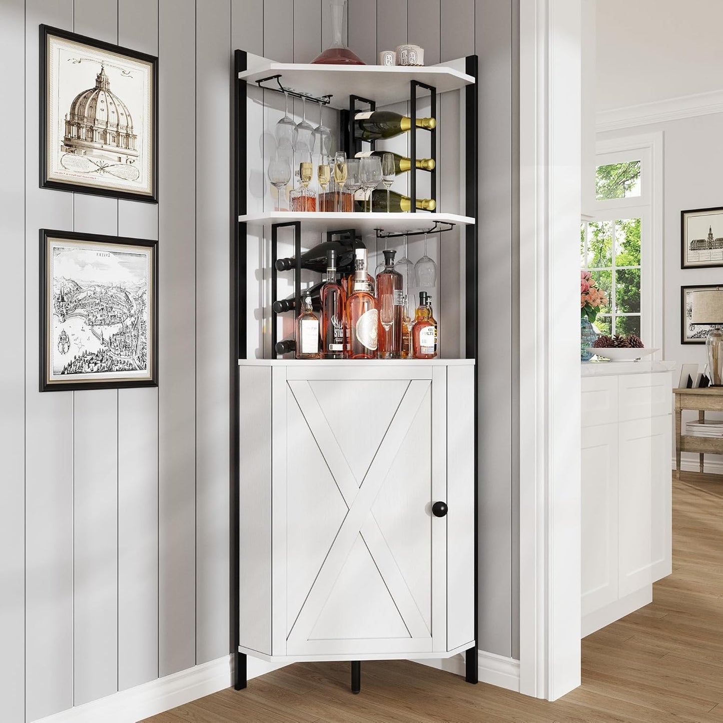 63” Tall Corner Bar Cabinet, Farmhouse Liquor Cabinet with Wine Rack (Holds 50+ Bottles), Glass Holder, Adjustable Shelves & Barn Door, Home Bar for Living Room/Kitchen, Ivory White
