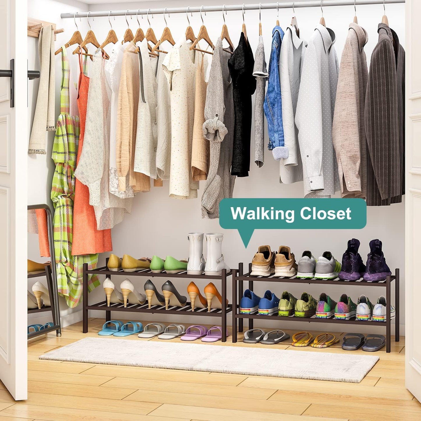 2-Tier Shoe Rack for Entryway, Bamboo Shoe Rack for Closet, Free Standing Shoe Racks for Indoor Outdoor, Stackable Shoe Shelf Storage Organizer for Hallway Closet