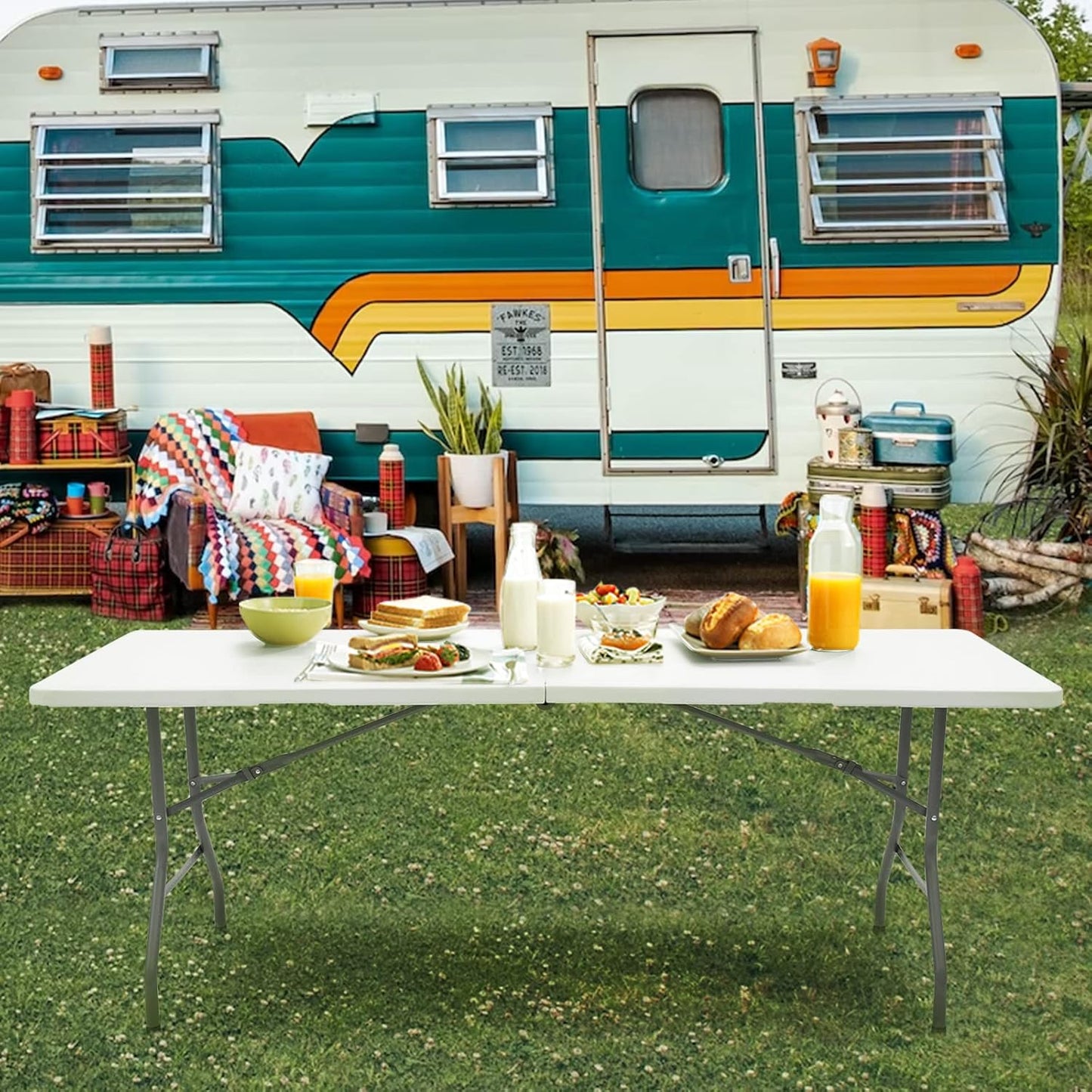 Folding Table 6ft Plastic Folding Table Indoor & Outdoor for Picnic, Camping,BBQ and Party, with Powder Coated Steel Legs and Built in Carry Handle, White