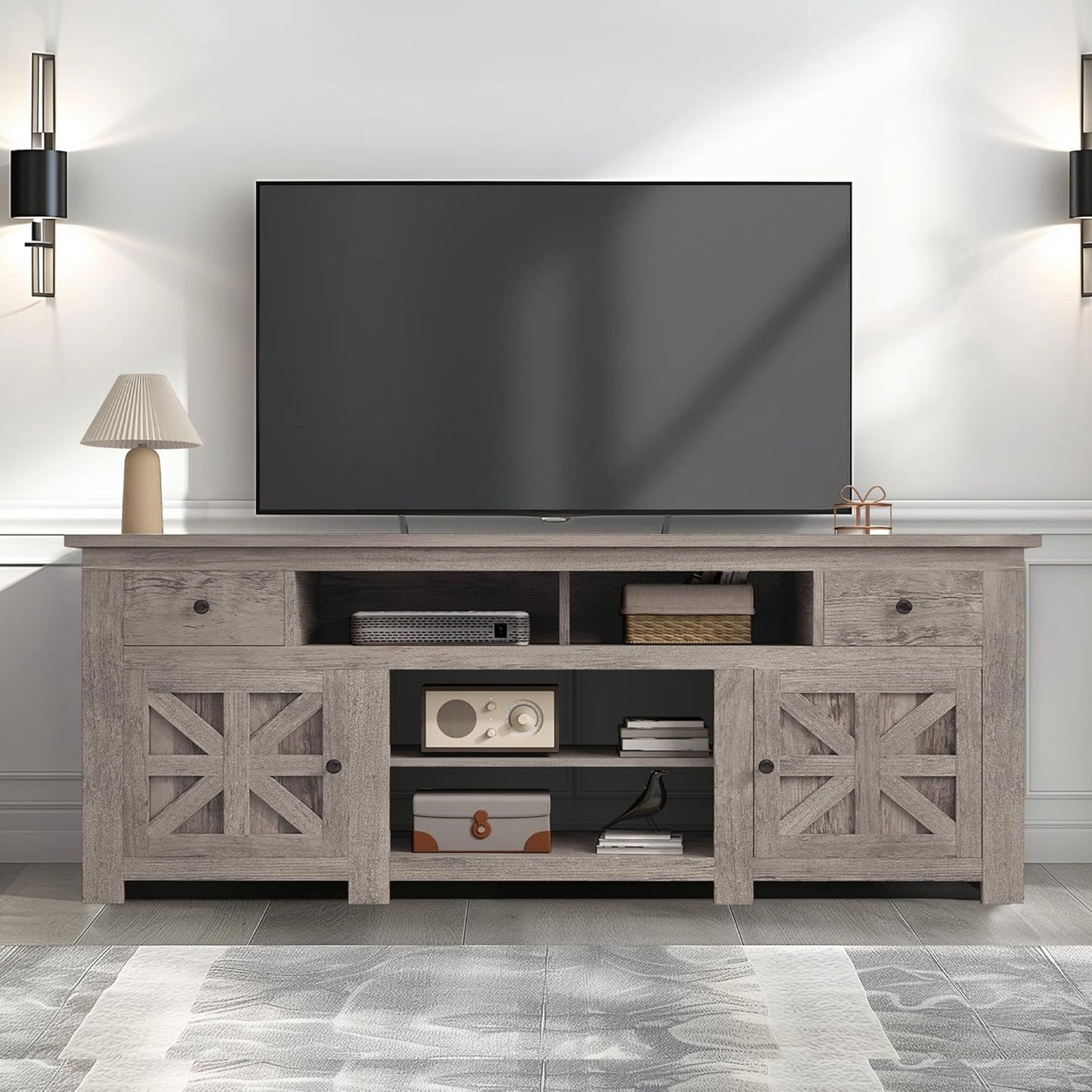 DWVO Farmhouse TV Stand for 75/80 Inches TVs, Entertainment Centers Furniture 30" Tall, TV Consoles with Storage Drawers & Power Outlet, Rustic TV Stands for Living Room, Washed Grey