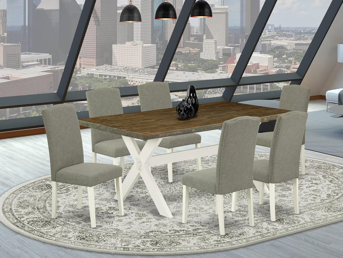 East West Furniture X077EN206-7 7 Piece Modern Dining Table Set Consist of a Rectangle Wooden Table with X-Legs and 6 Dark Shitake Linen Fabric Upholstered Chairs, 40x72 Inch, Multi-Color