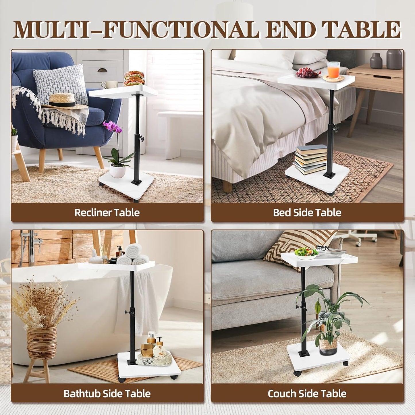 C Table Side Table End Table Adjustable Height，C Shaped End for Couch，Snack Tables,360°Swivel TV Tray Sofa Table， For Small Spaces，Side Tables living room and bedroom for Sofa, Bed,Chair(White)