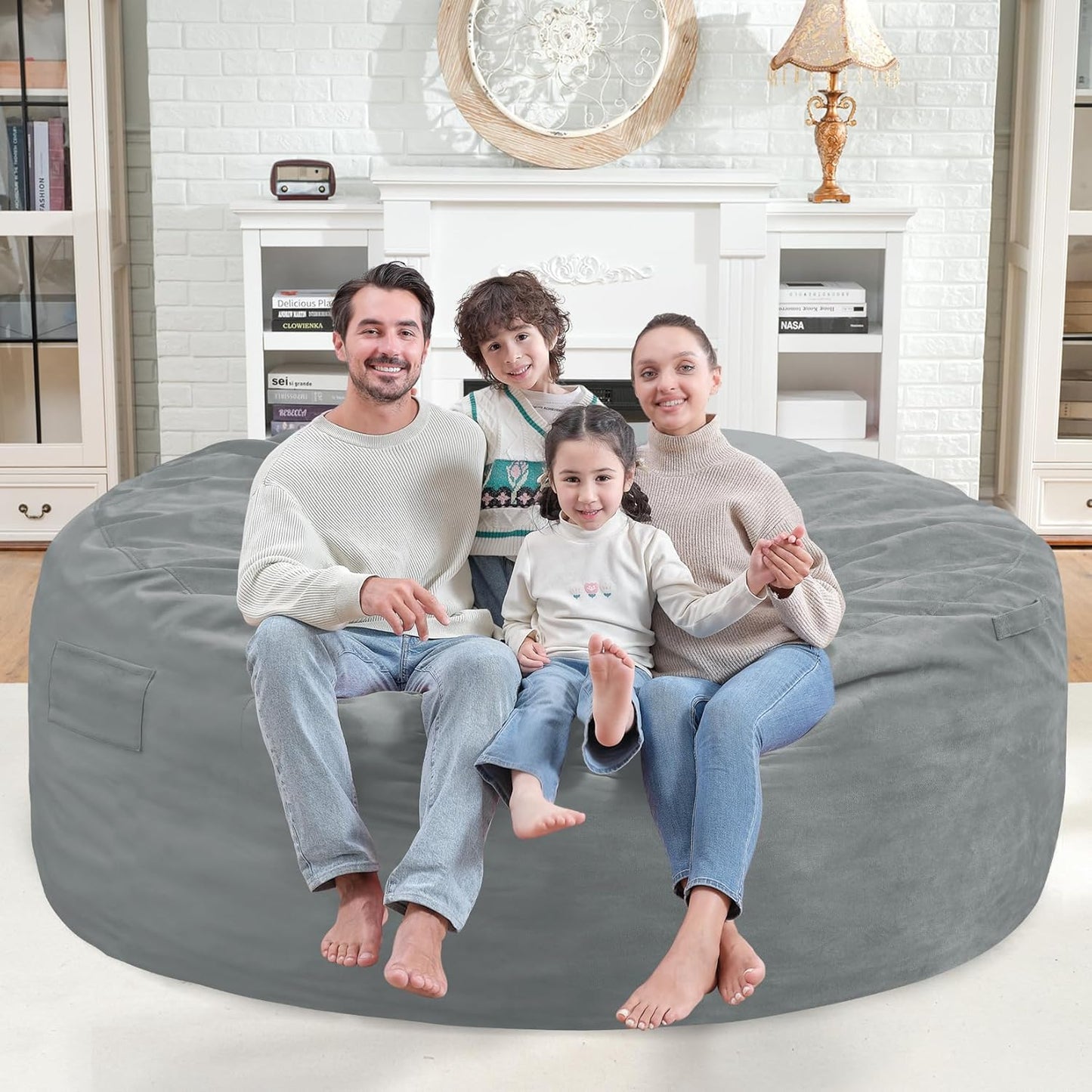 6FT Bean Bag Chair, Large Bean Bag Chairs with Memory Foam Filled, Fluffy Beanbag Sofa with Dutch Velvet Cover, Round BeanBag Chairs for Living Room, Playroom - Light Grey
