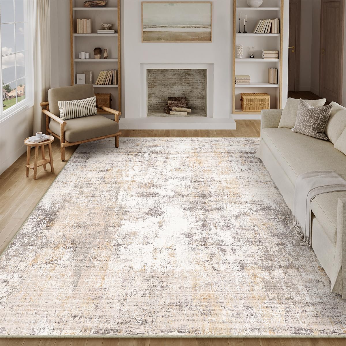 9x12 Washable Area Rug Beige Grey Neutral Abstract Living Room Bedroom Large Throw Rug Non Slip Soft Low Pile Indoor Floor Carpet for Dining Room Kitchen Office Entryway