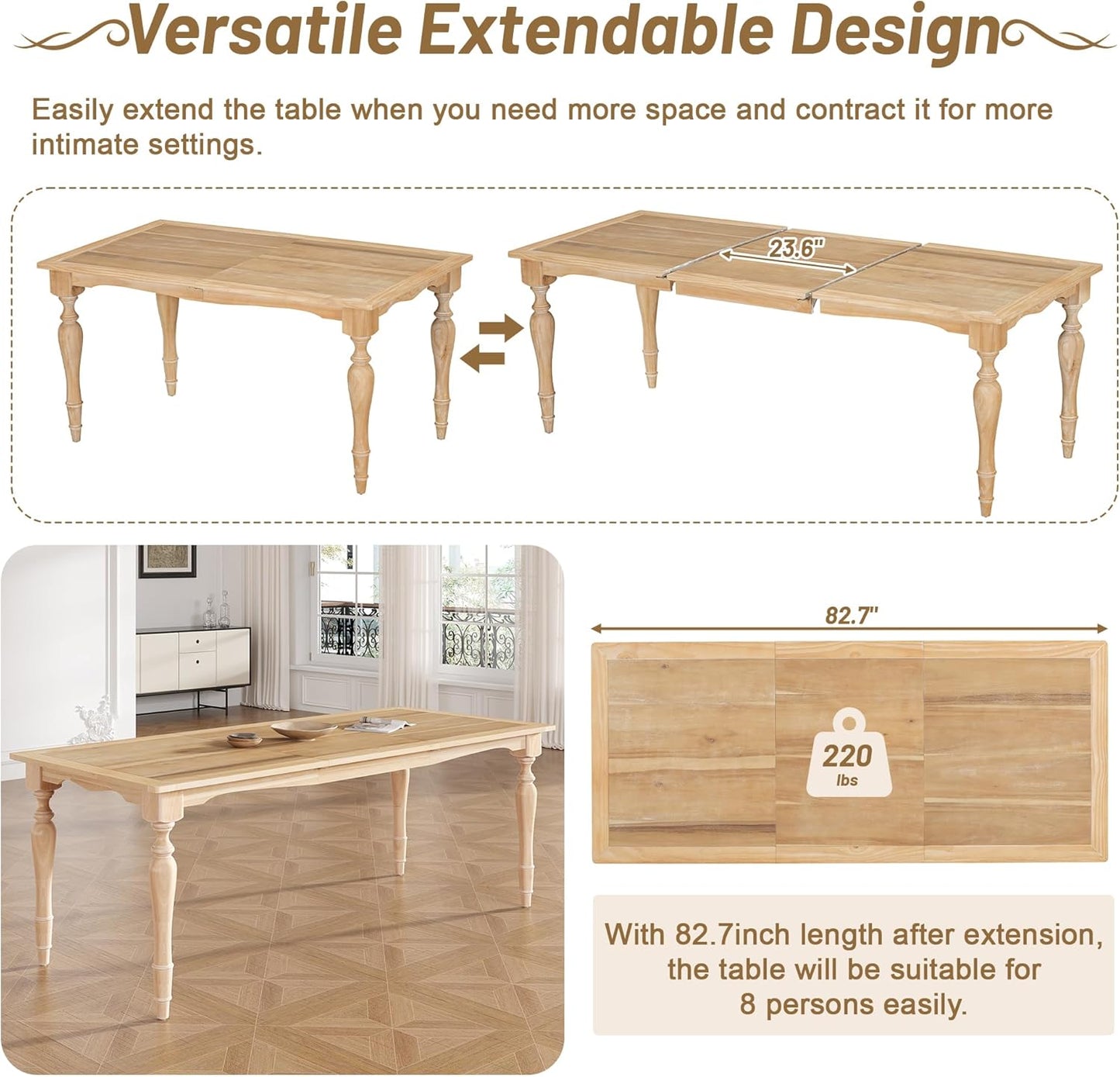 Ball & Cast 9-Piece 82.7inch Extendable Dining Table Set with 23.6inch Removable Leaf and 8 Upholstered Dining Chairs,Vintage Traditional Wood Kitchen Sets for 8,Family Gatherings,Natural