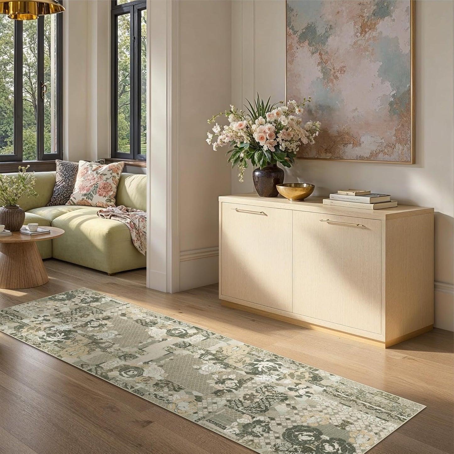 GENIMO Floral Runner Rug 2'6''x8, Machine Washable Non Slip Vintage Patchwork Hallway Runner, Ultra-Thin Low Pile Runners for Indoor Entryway, Hallway, Kitchen and Corridor, Taupe Gray