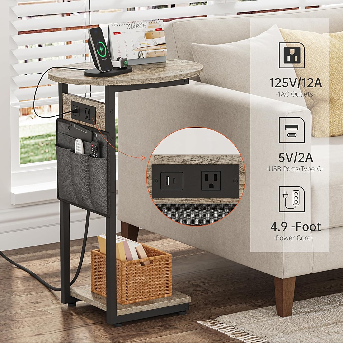 Vagusicc C Shaped End Table with Charging Station, Small Side Table for Couch, Slide Under Sofa Table for Living Room Bedroom, Round Couch Side Table, C Table for Couch Snack Table TV Tray, Greige