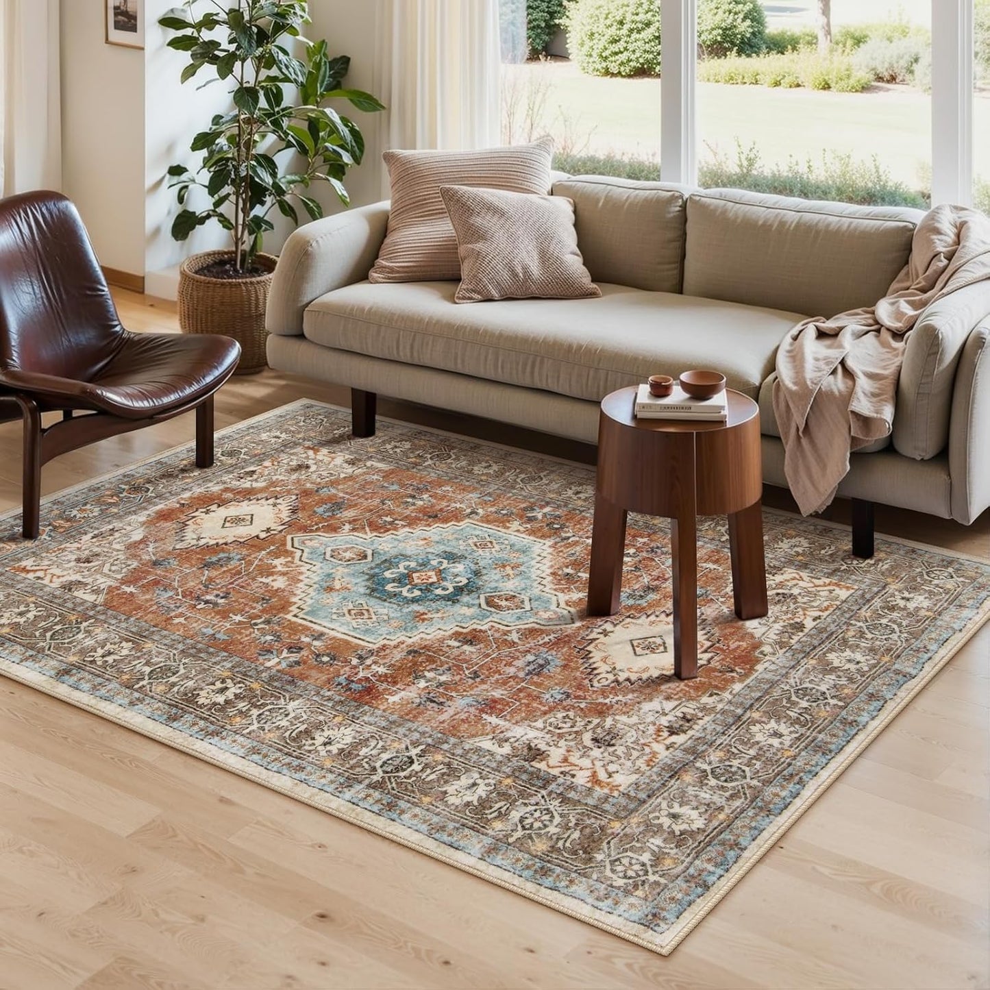 Lahome Oriental Washable Rug, 3x5 Rugs for Bedroom Living Room Entryway, Vintage Ultra-Thin Non-Slip Soft Throw Carpet for Kitchen Office Entrance, Orange/Multi