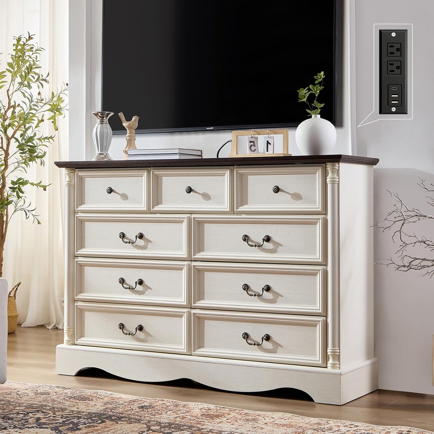 Farmhouse 9 Drawers Dresser for Bedroom with Charging Station, 54" Wide Wood Country Rustic Storage Dressers Organizer, Vintage Design Chest of Drawers TV Stand, Antique White