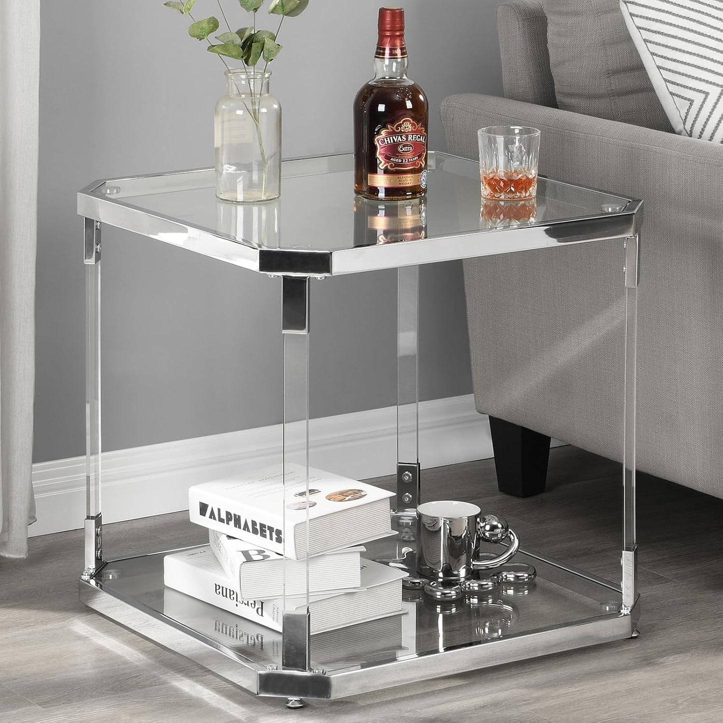 Glass Top Side Table - Silver Square Glass Top End Table Clear Acrylic Nightstand for Living Room Bedside Bedroom
