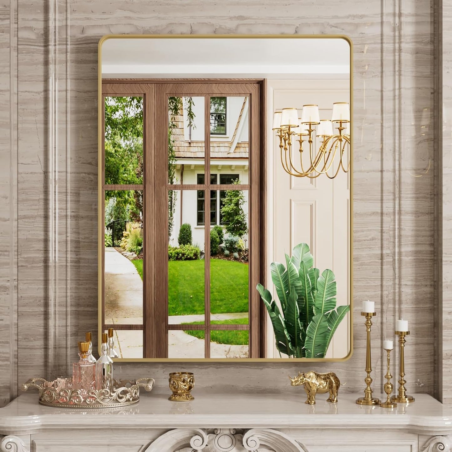 Gold Bathroom Mirror, 28x36 Inch Brushed Gold Metal Frame Mirror for Wall, Rounded Rectangle Bathroom Vanity Mirror, Tempered Glass, Anti-Rust, Horizontal/Vertical