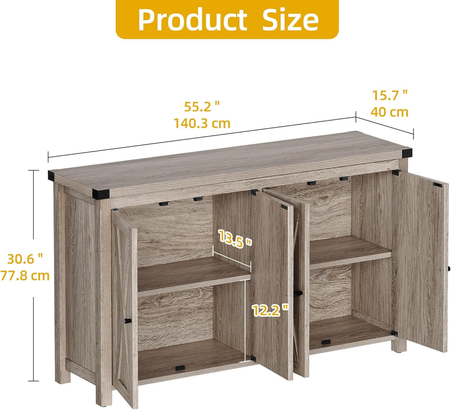 DWVO 55'' Sideboard Buffet Cabinet with Storage, Farmhouse Kitchen Storage Cabinet with Doors, Large Coffee Bar Cabinets with Adjustable Shelves for Kitchen, Living Room, Grey