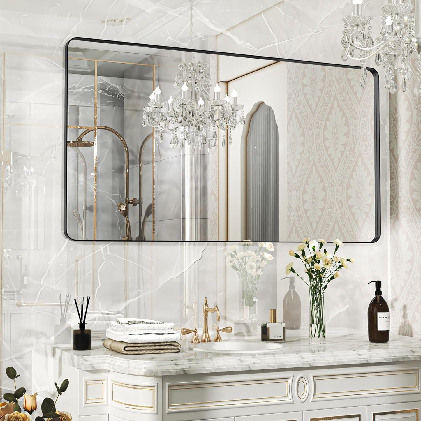 55×30 Black Bathroom Mirror, Rectangular Bathroom Vanity Mirror for Wall with Rounded Corners & Aluminum Alloy Frame, Tempered-Glass, Modern, Farmhouse, Horizontal/Vertical, Entryway, Bedroom