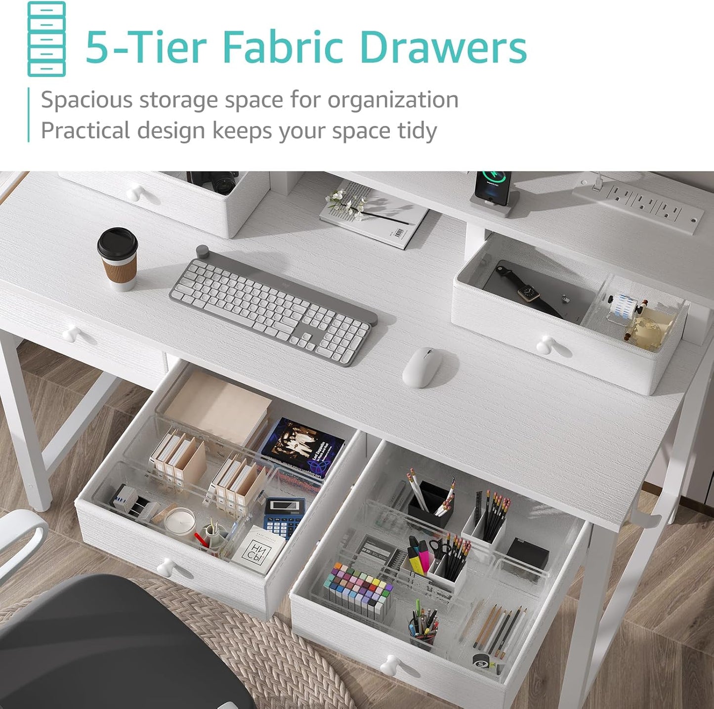 Lufeiya White Computer Desk with Fabric Drawers for Home Office, 40 inch Vanity Makeup Desk with Drawers Storage for Bedroom, Writing Study Table with Power Outlet & Monitor Stand, White