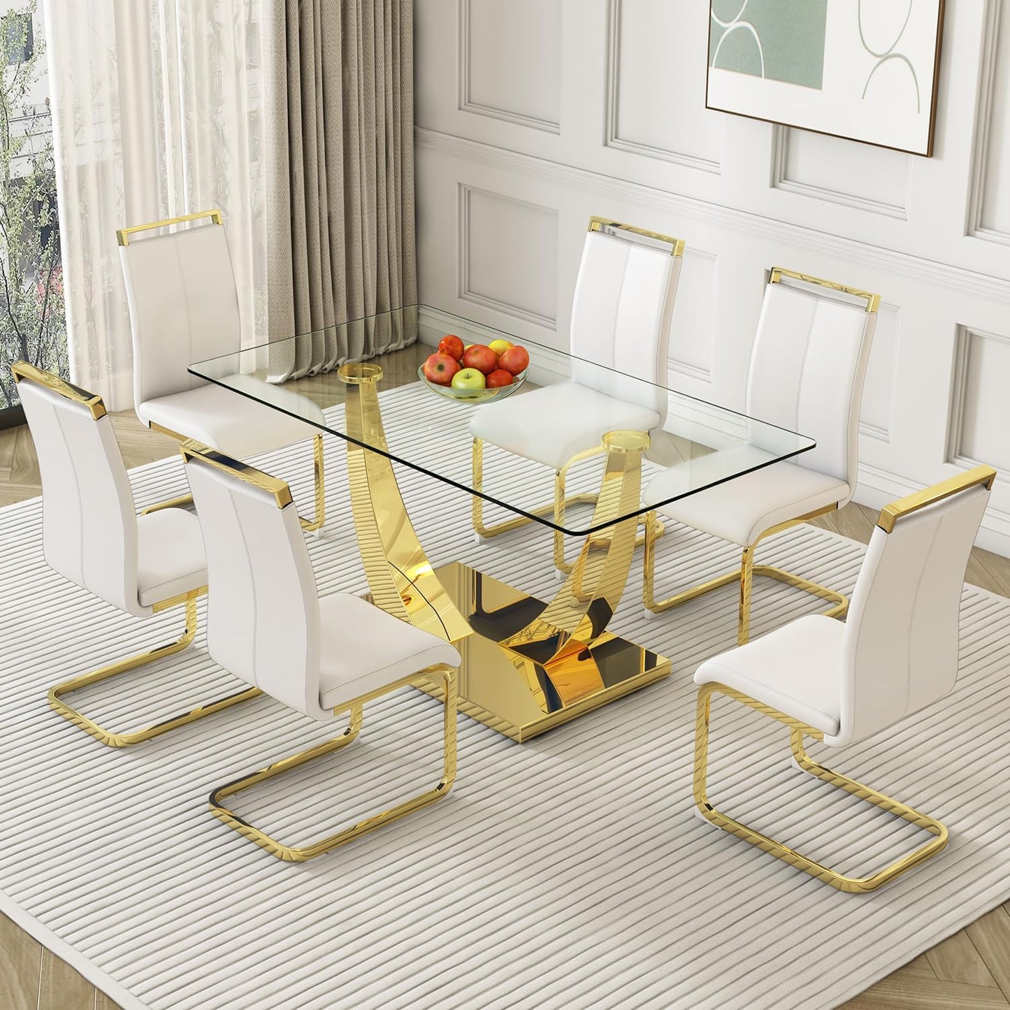 Modern Dining Chairs Set of 6,High Back White Kitchen Chairs,Faux Leather Side Chair with Gold Plated Metal Legs,Easy to Clean Upholstered Dining Chairs,Ideal for Living Room(Gold Leg)