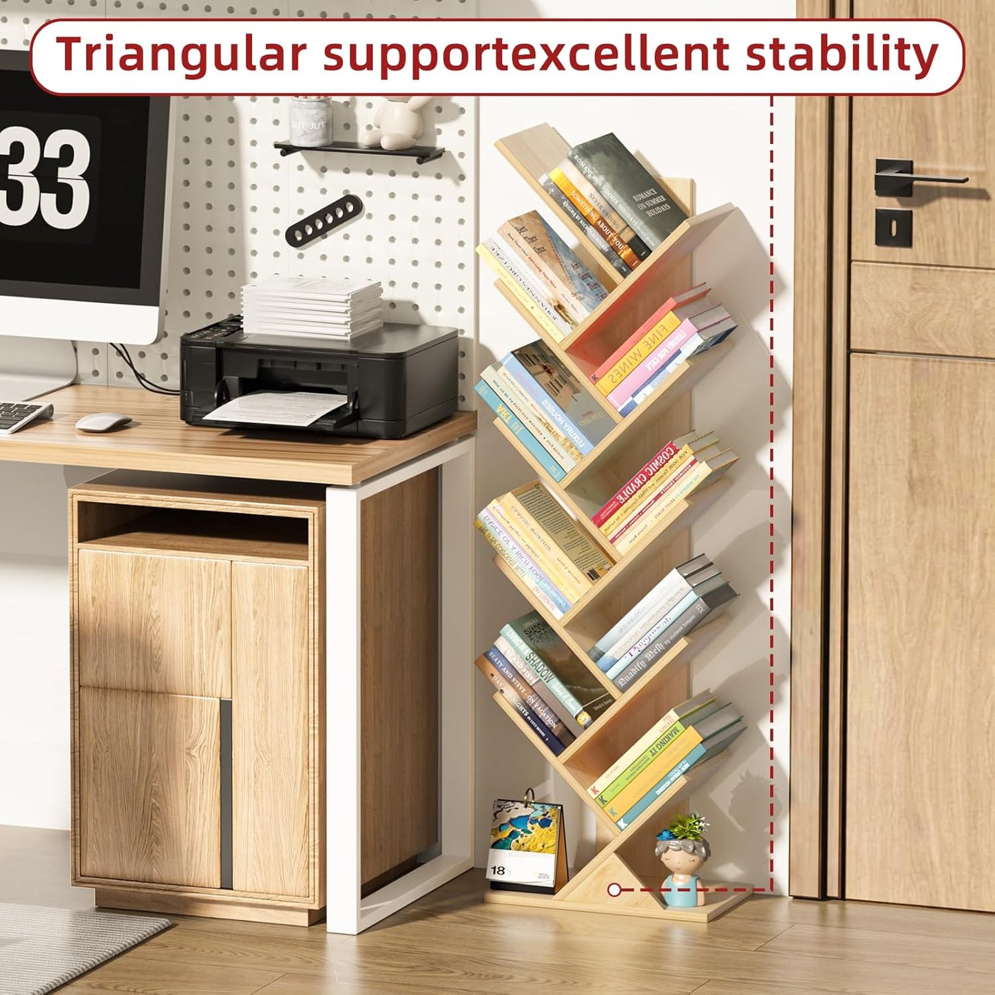 10 Tier Tree Book Shelf, Floor Standing Wood Bookshelf for Narrow Space, Storage Organizer Bookshelves for Books/CDs/Magazine, Bookcase with Shelves for Home Office, Living Room - Natural