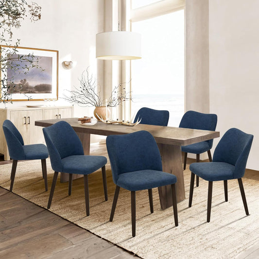COLAMY Upholstered Dining Chairs Set of 6, Modern PU Leather Dining Room Kitchen Side Chair with Padded Seat and Wood Legs Restaurant/Cafe, Blue