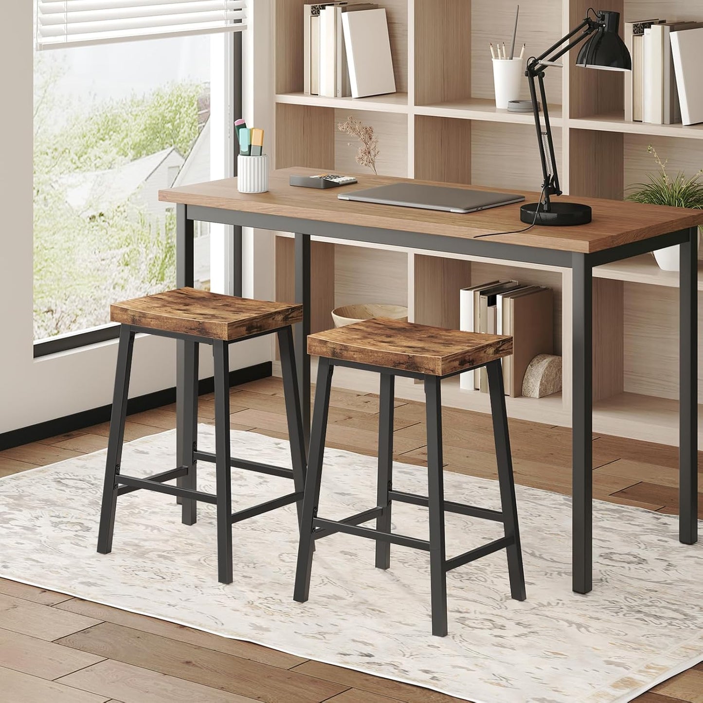 Bar Stools,Counter Height Bar Stools Set of 2, 23.7 Inch Saddle Stools with Footrest, Kitchen Stools, Industrial Style, for Dining Room, Counter, Bar, Rustic Brown and Black BAHR0801N1