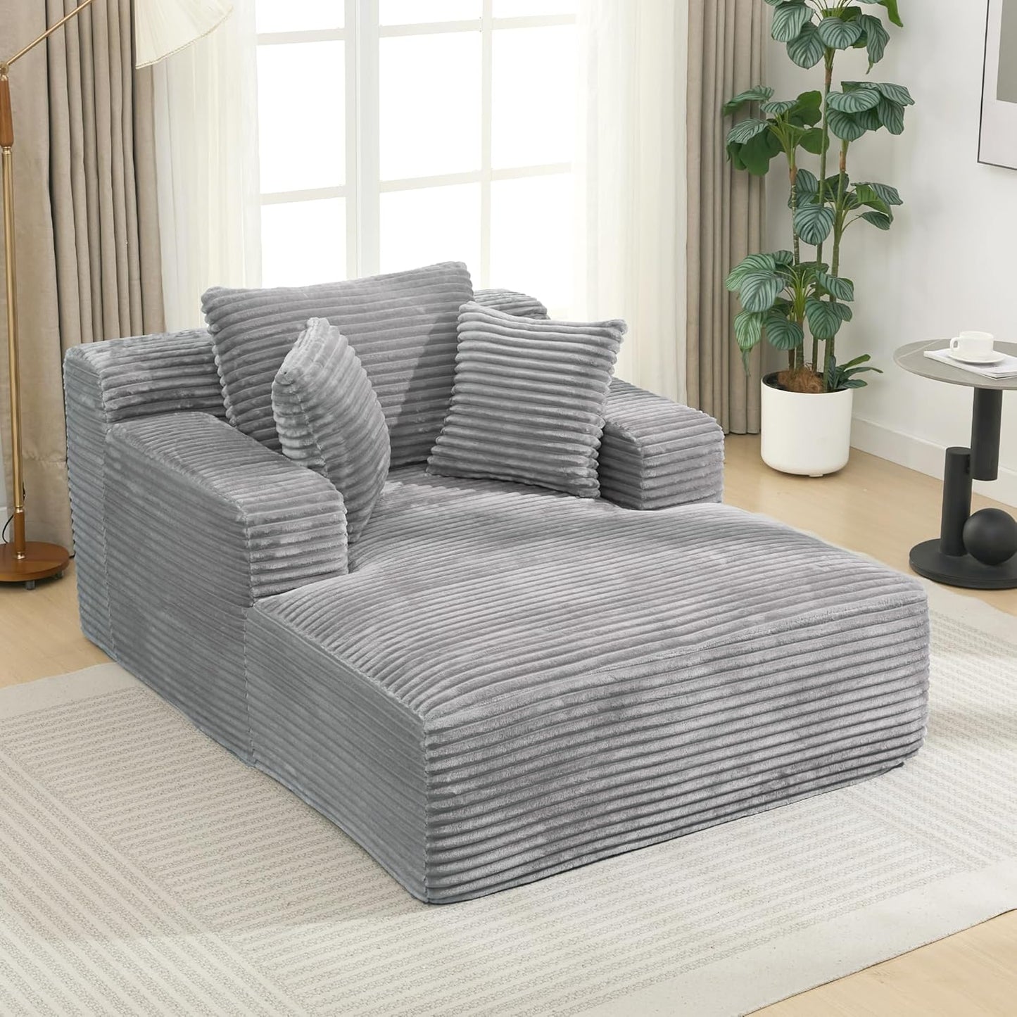 Oversized Chaise Daybed Lounge Sleeper Chair Sofa Bed Indoor, Fluffy Corduroy Upholstered Sleeper Recliner Sofabed Full Foam Boneless Cloud Sofabed W/3 Pillows for Home/Apartment Living Room Bedroom