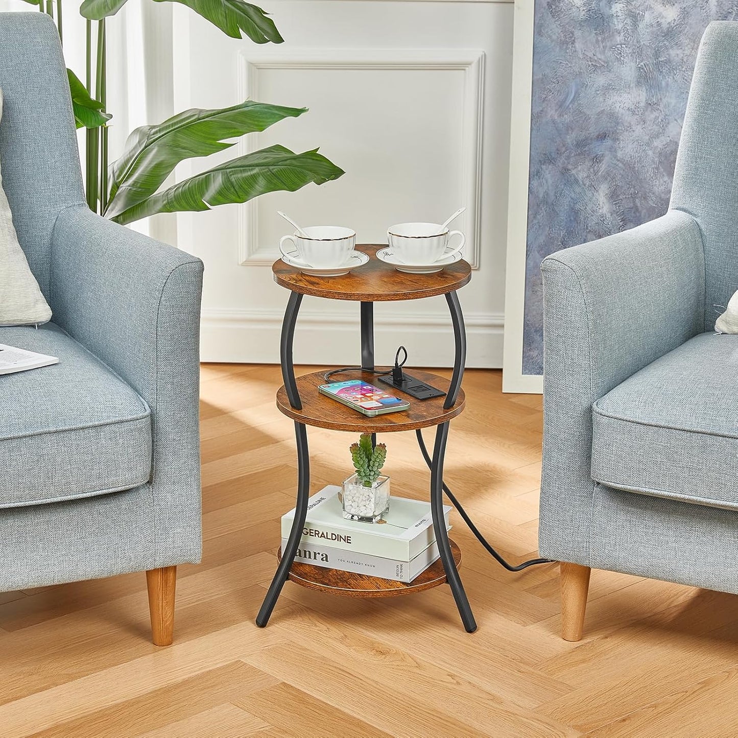 Small Round Side Table with Charging Station, 3-Tier Waist Circular End Table with Storage Shelf, Compact Tea Sofa Side Table Small Spaces, Round Corner Coffee Table for Living Room Bedroon,Brown