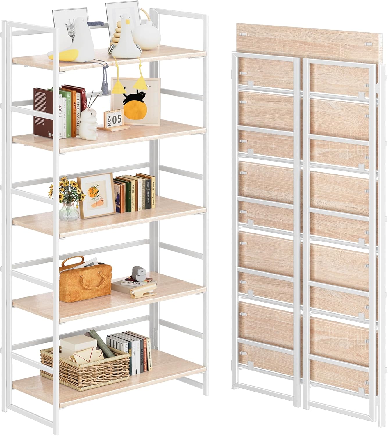 4NM No Assembly 5 Tiers Book Shelves, White Folding Bookshelf Bookcase Open Industrial Foldable Shelves for Bedroom, Living Room, Home Office - Natural White