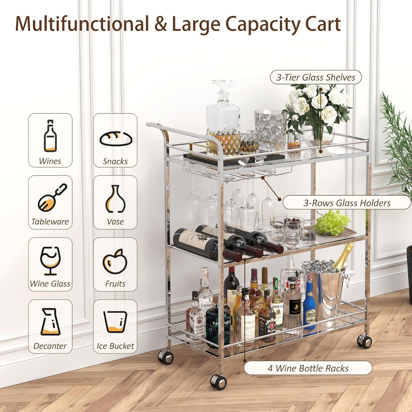 Bar Cart Silver, Home Bar Serving Cart, Modern Bar Cart with 3-Tier, Mobile Kitchen Shelf with Wine Rack and Glass Holder, Bar Carts for The Home, Dining Room, Living Room