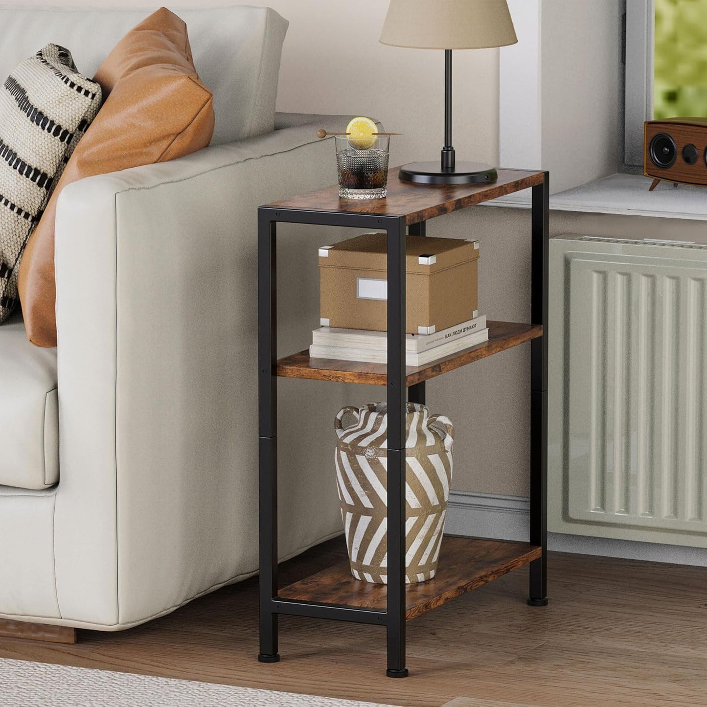 3-Tier Side Table Set of 2, Small End Table, Sofa Side Table for Narrow Spaces, Slim End Table, Nightstand Table, for Living Room Bedroom Office, Rustic Brown