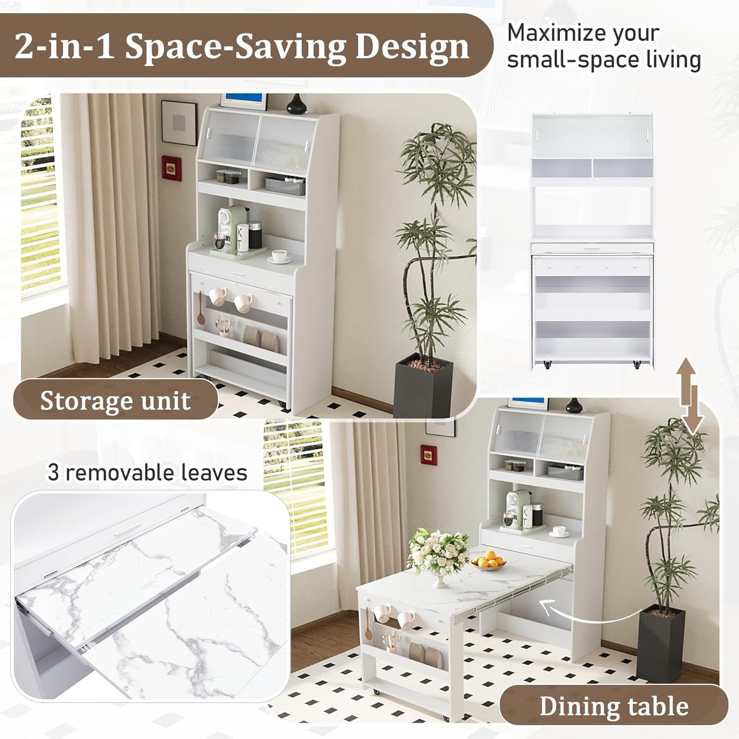 Merax Sideboard Buffet Cabinet with Foldable Dining Table, Multifunctional Cupboard with Storage Shelf and Hooks, for Small Places,Studio, Apartment