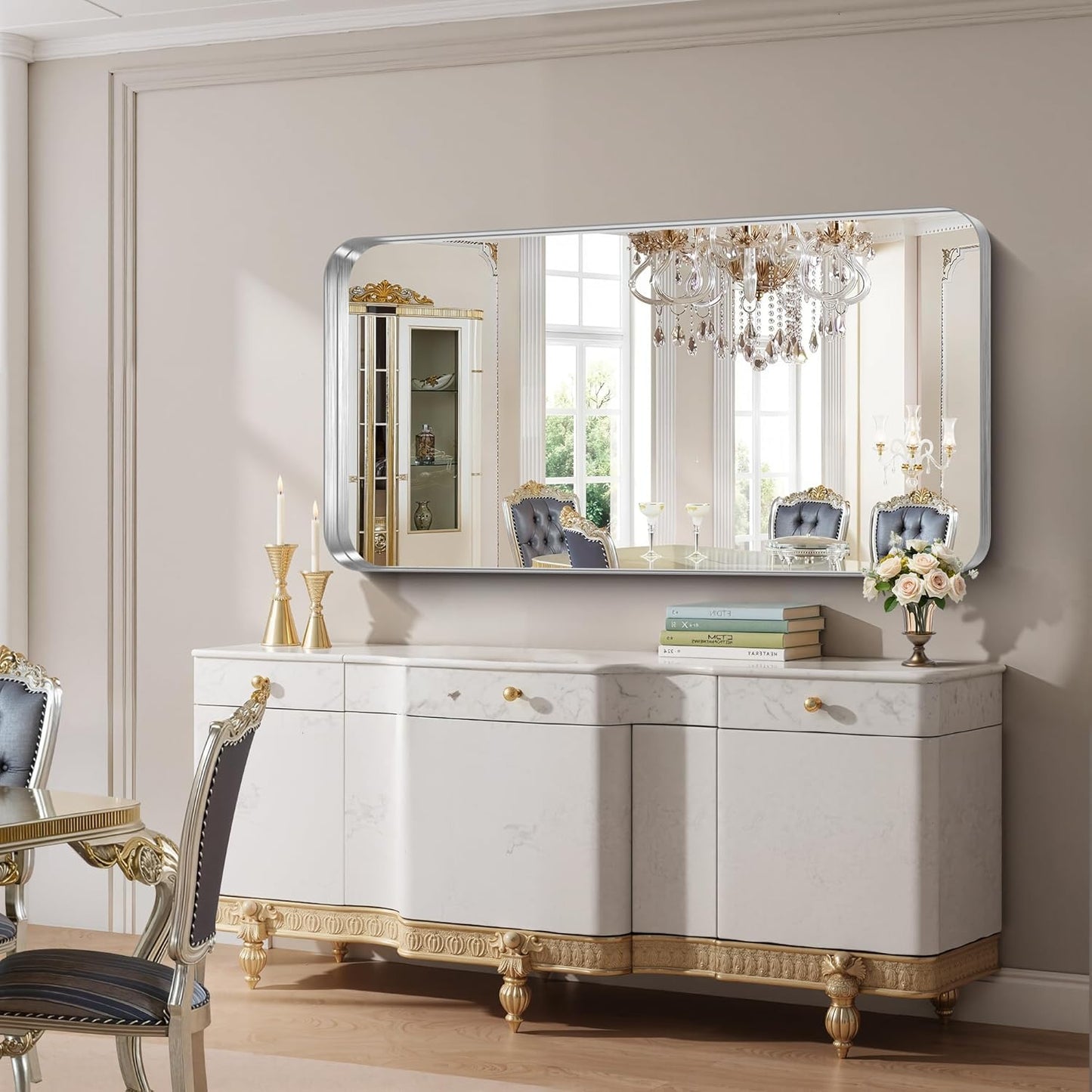 FORBATH 60x30 Inch Large Bathroom Mirror for Double Sinks, Brushed Silver Deep Frame Wall Mirror with Rounded Corners, Anti-Rust Tempered Glass for Modern Farmhouse Vanity (Horizontal/Vertical)