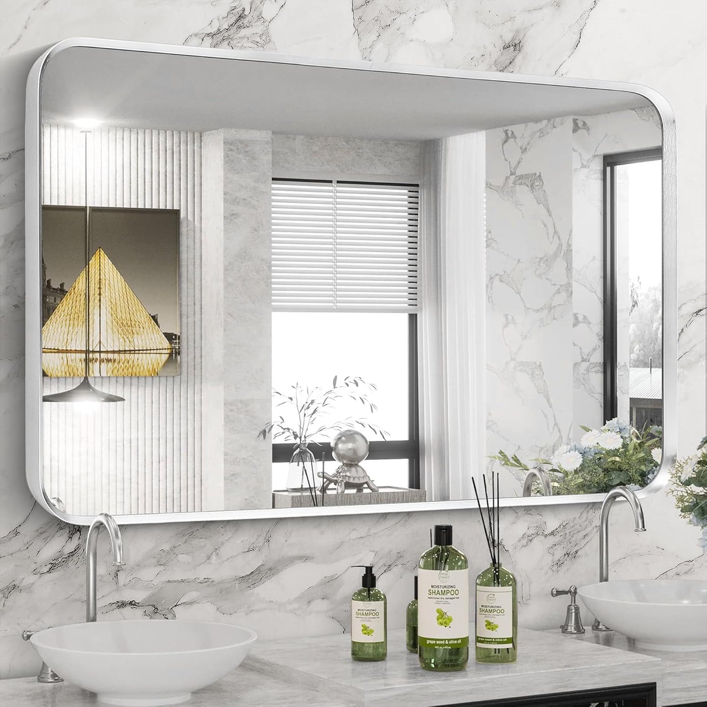 Brushed Nickel Bathroom Wall Mirror, Silver Metal Framed Large Rounded Corner Rectangle Mirror, Tempered Glass, Shatter Proof, Hangs Horizontally or Vertically (30" x 48", Silver)